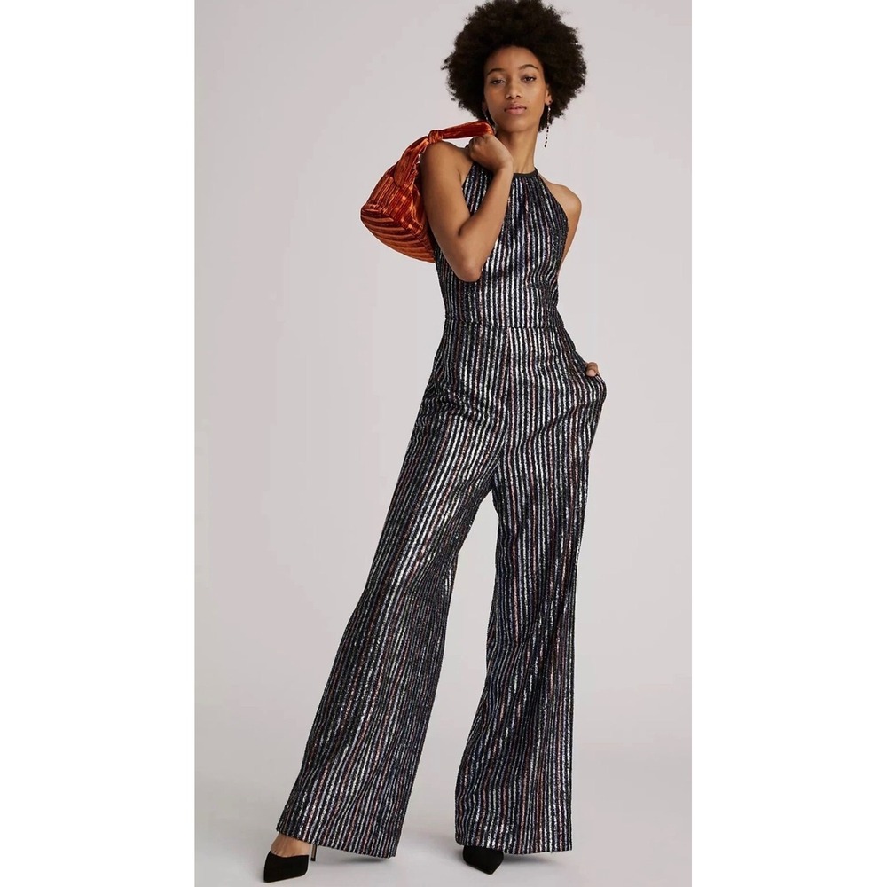 Maeve Sequin Jumpsuit Womens 00P Black Striped Halter Wide Leg Party Glam
